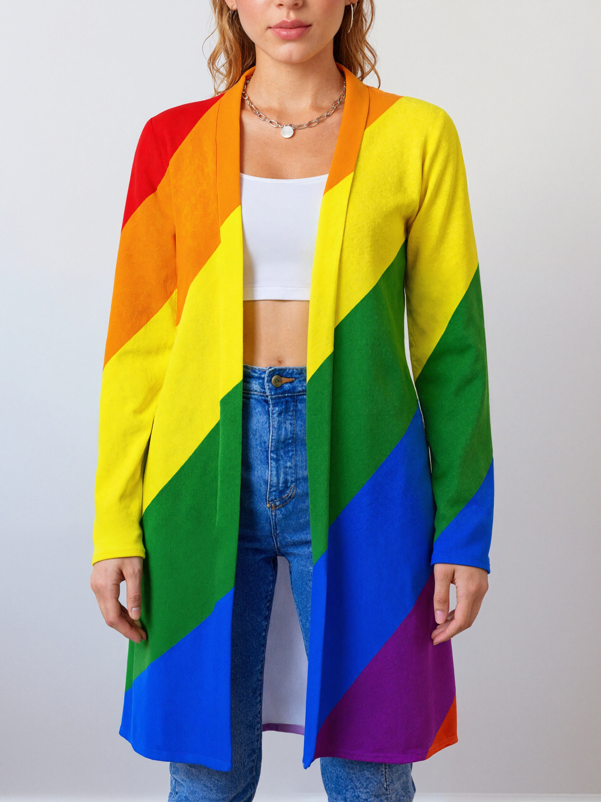 S-2Xl Lgbt Pride Diagonal Rainbow Stripe Open Front Cardigans Women Long Sleeve Lightweight Midi Duster Cardigan