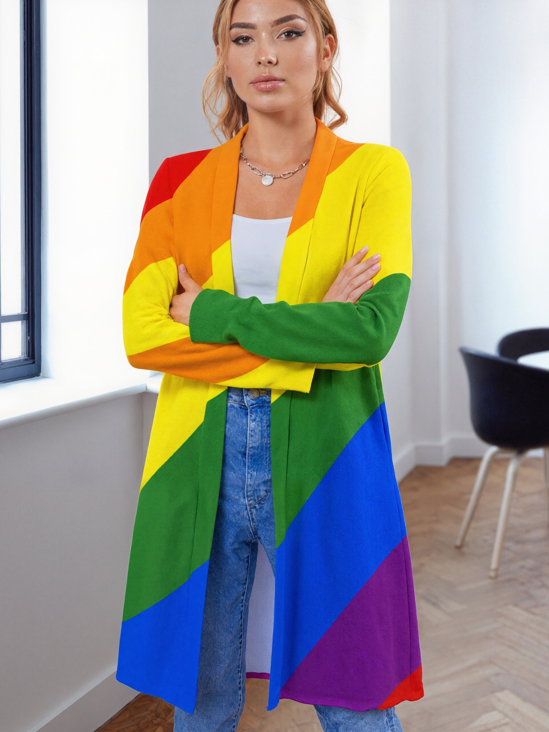 S-2Xl Lgbt Pride Diagonal Rainbow Stripe Open Front Cardigans Women Long Sleeve Lightweight Midi Duster Cardigan
