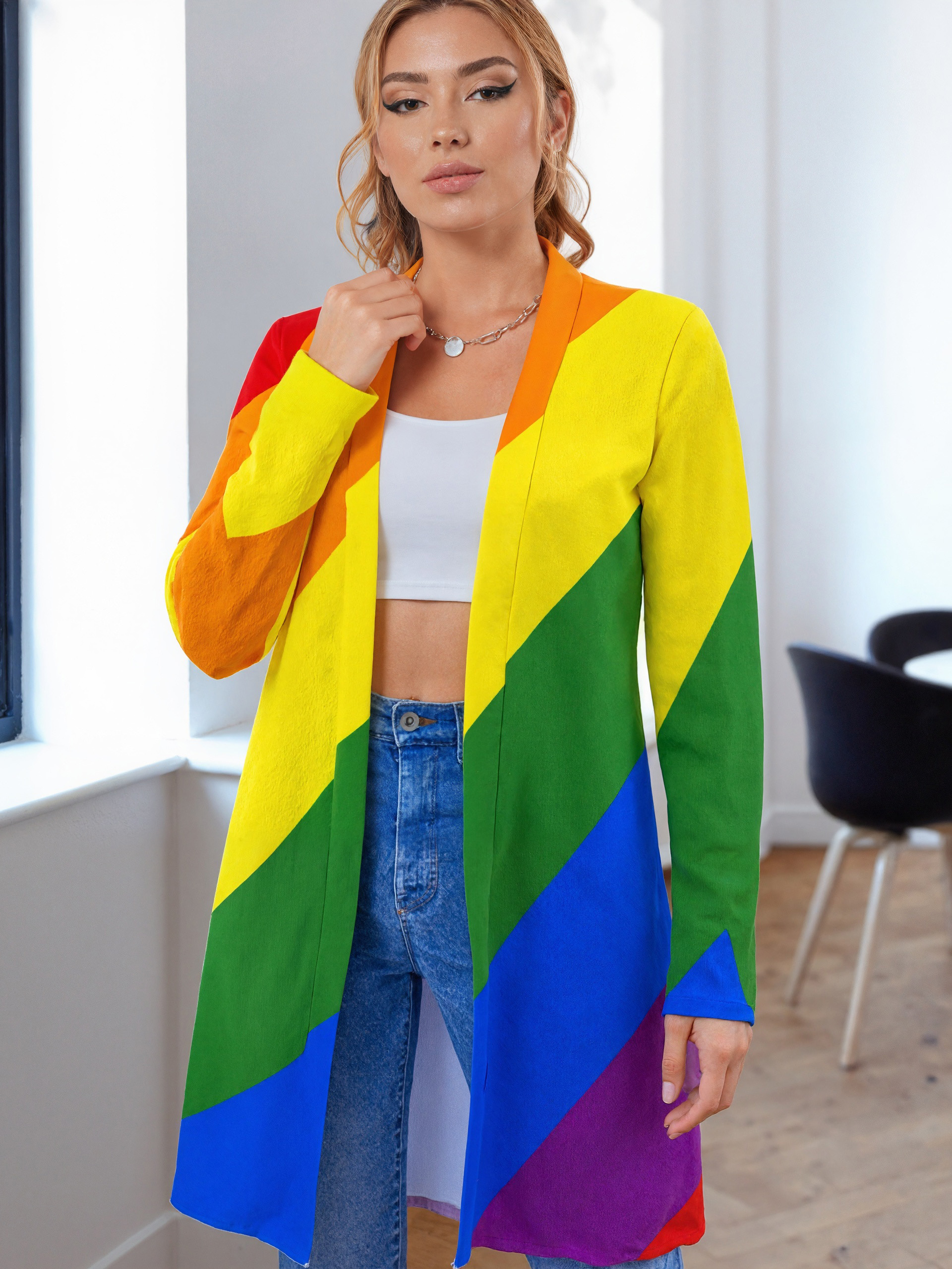 S-2Xl Lgbt Pride Diagonal Rainbow Stripe Open Front Cardigans Women Long Sleeve Lightweight Midi Duster Cardigan