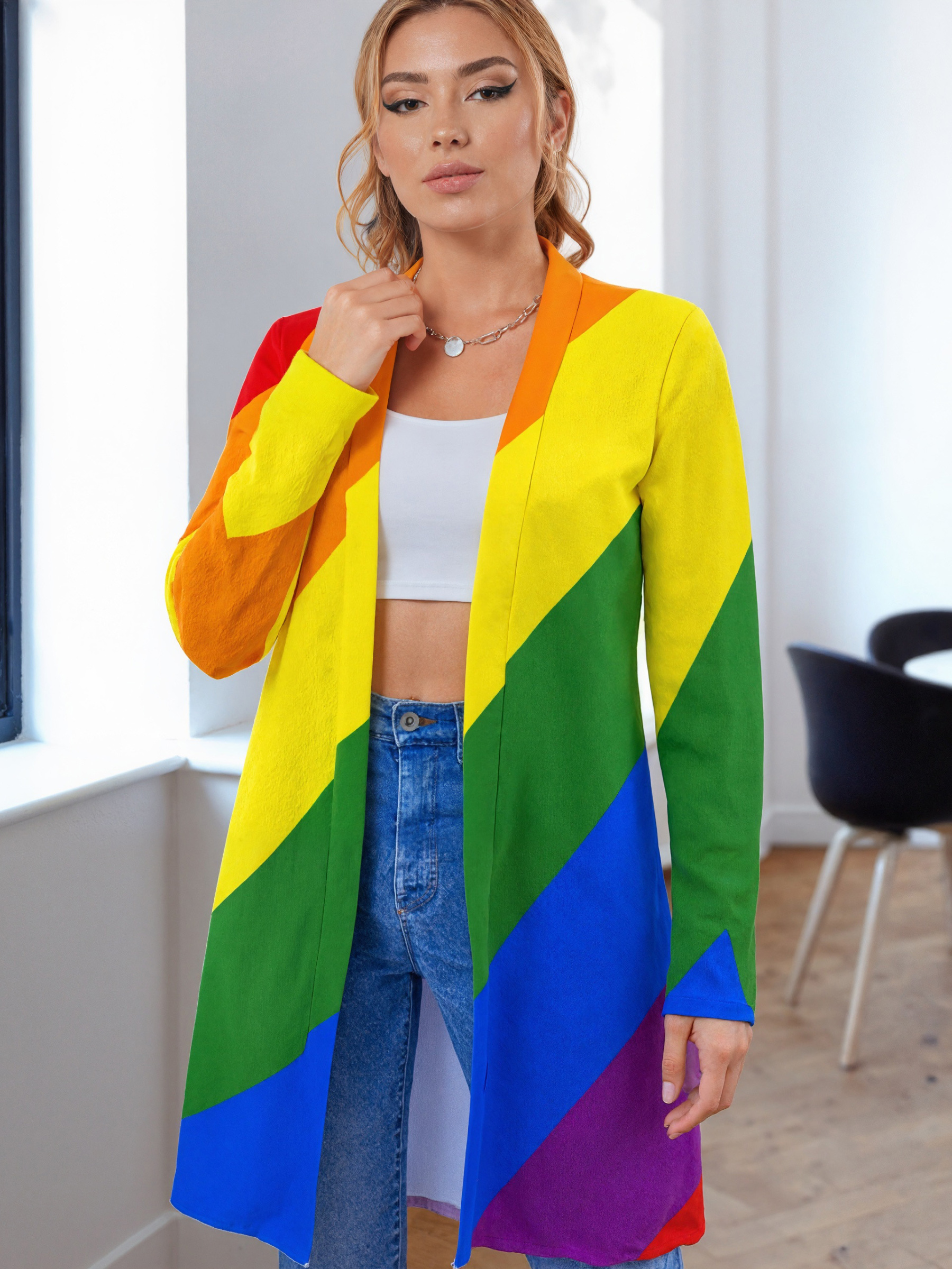 S-2Xl Lgbt Pride Diagonal Rainbow Stripe Open Front Cardigans Women Long Sleeve Lightweight Midi Duster Cardigan