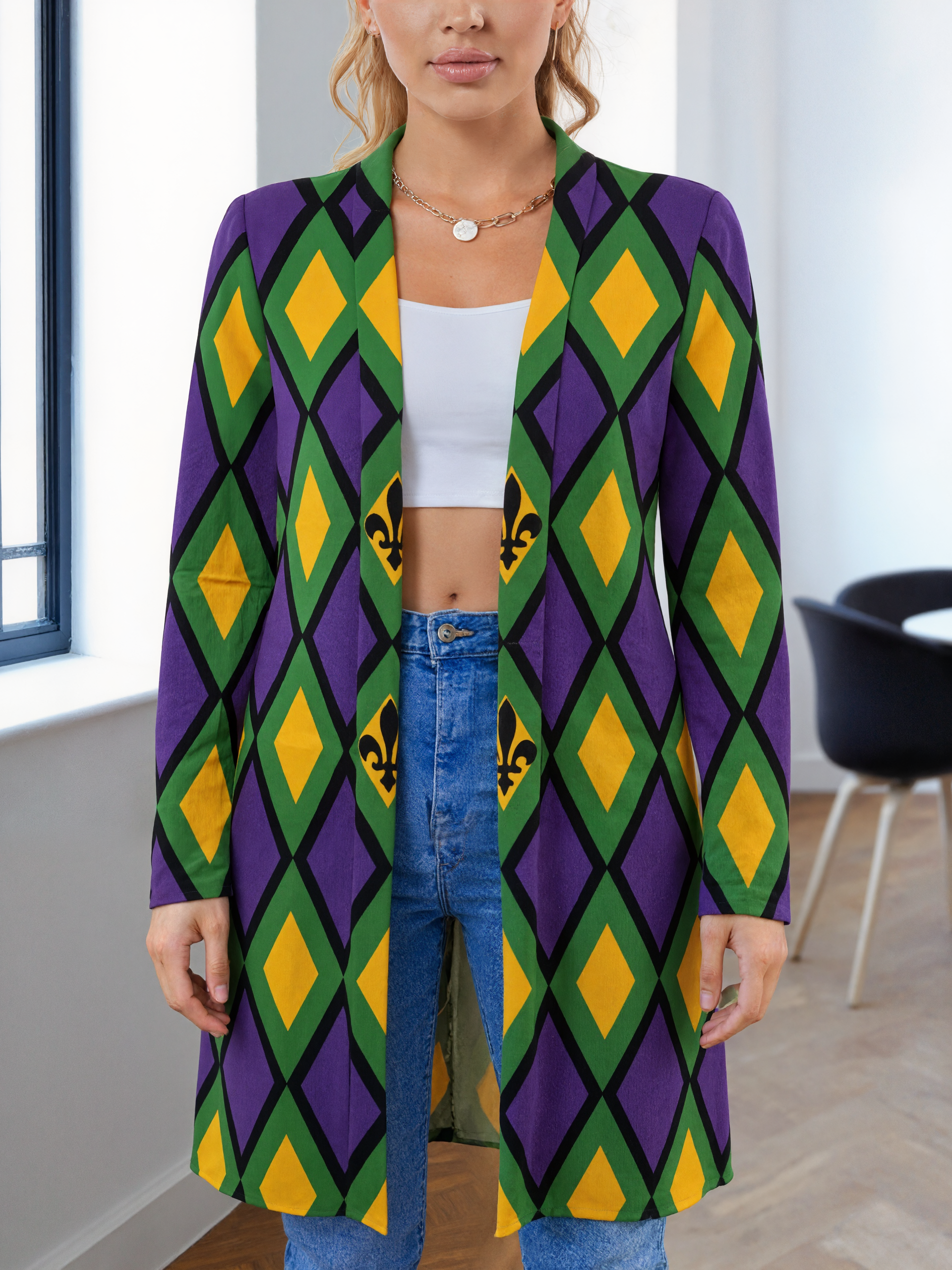 Women Mardi Gras Diamond Open Front Cardigans Printing Long Sleeve Lightweight Midi Duster Cardigan