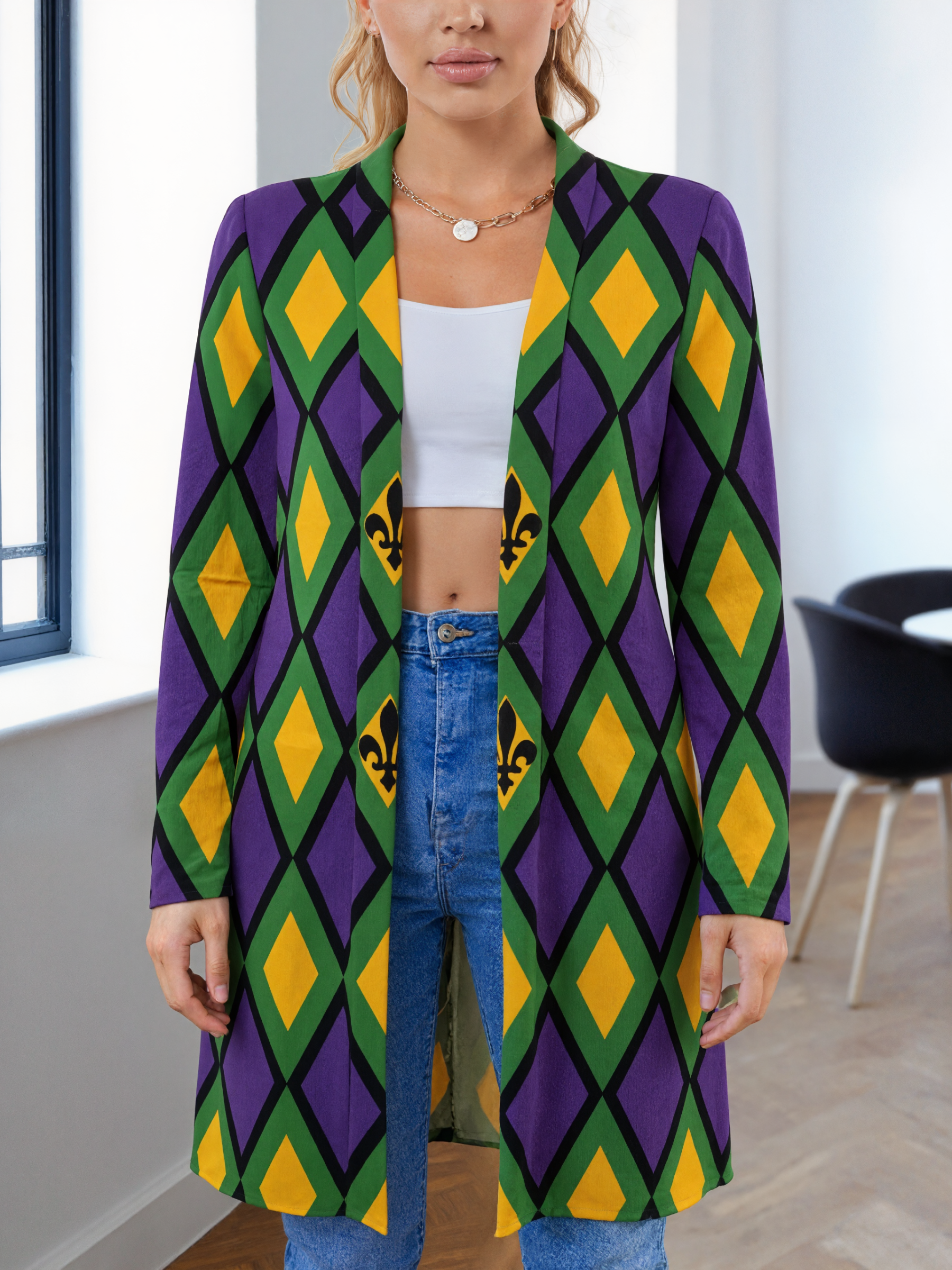 Women Mardi Gras Diamond Open Front Cardigans Printing Long Sleeve Lightweight Midi Duster Cardigan