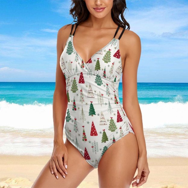 Modern Minimalist Christmas Tree Halter Backless Ruched One-Piece Swimsuit Tummy Control V Neck Bathing Suits