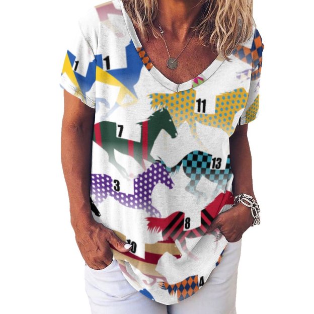Off To The Horse Races Jockey Silk Womens Summer Casual T Shirts Boho Full Print Short Sleeve Loose Hippie Tunic Tops-Charlylifestyle
