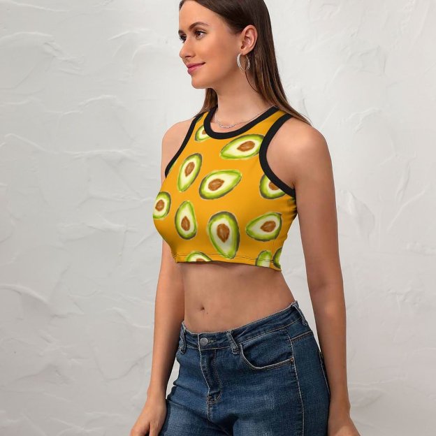 Women Summer Modern Hand Painted Avocados Watercolor Crew Neck Crop Tank Basic Sleeveless Graphic Tee Tops-Charlylifestyle