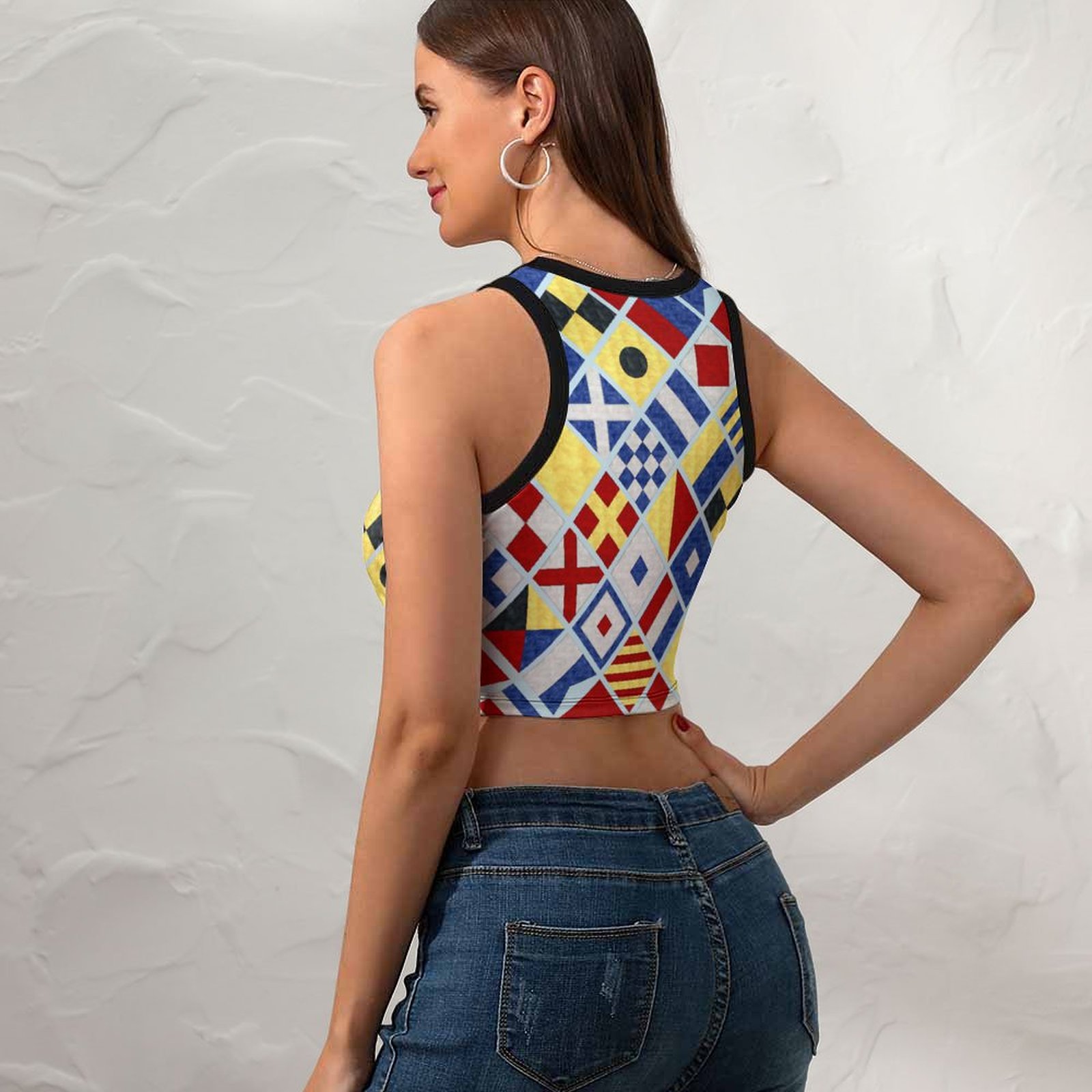 Women Mariners Watercolor Nautical Flags Crew Neck Crop Tank Basic Sleeveless Graphic Tee Tops-Charlylifestyle