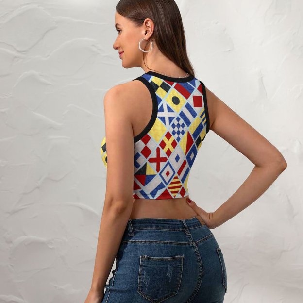 Women Mariners Watercolor Nautical Flags Crew Neck Crop Tank Basic Sleeveless Graphic Tee Tops-Charlylifestyle
