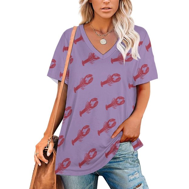 S-4XL Funny Vintage Nautical Lobster Womens Summer Casual T Shirts Boho Full Print Short Sleeve Loose Hippie Tunic Tops-Charlylifestyle