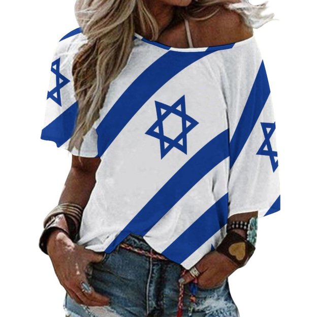 S-5XL Summer Israelian Flag Of Israel 3/4 Bell Sleeve T-Shirt Elbow Length Basic hippie Tunics Tops for Women-Charlylifestyle