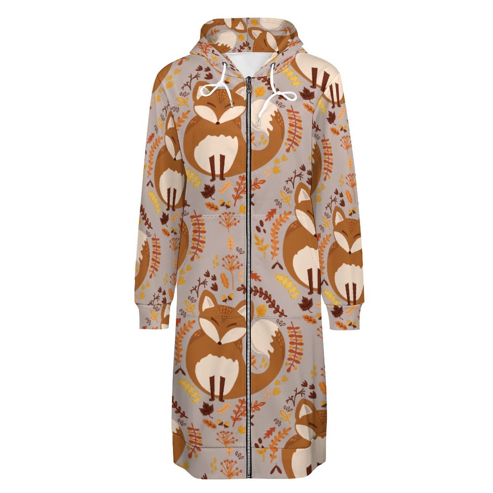 Kids Cute Woodland Fox Zip Up Long Hoodie Jacket Coat Women Tunic Sweatshirt Loose Plus Size Open Front Cardigan Outfits