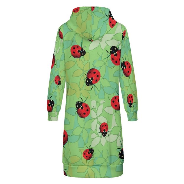 Ladybug Petals Green Zip Up Long Hoodie Jacket Coat Women Tunic Sweatshirt Loose Plus Size Open Front Cardigan Outfits