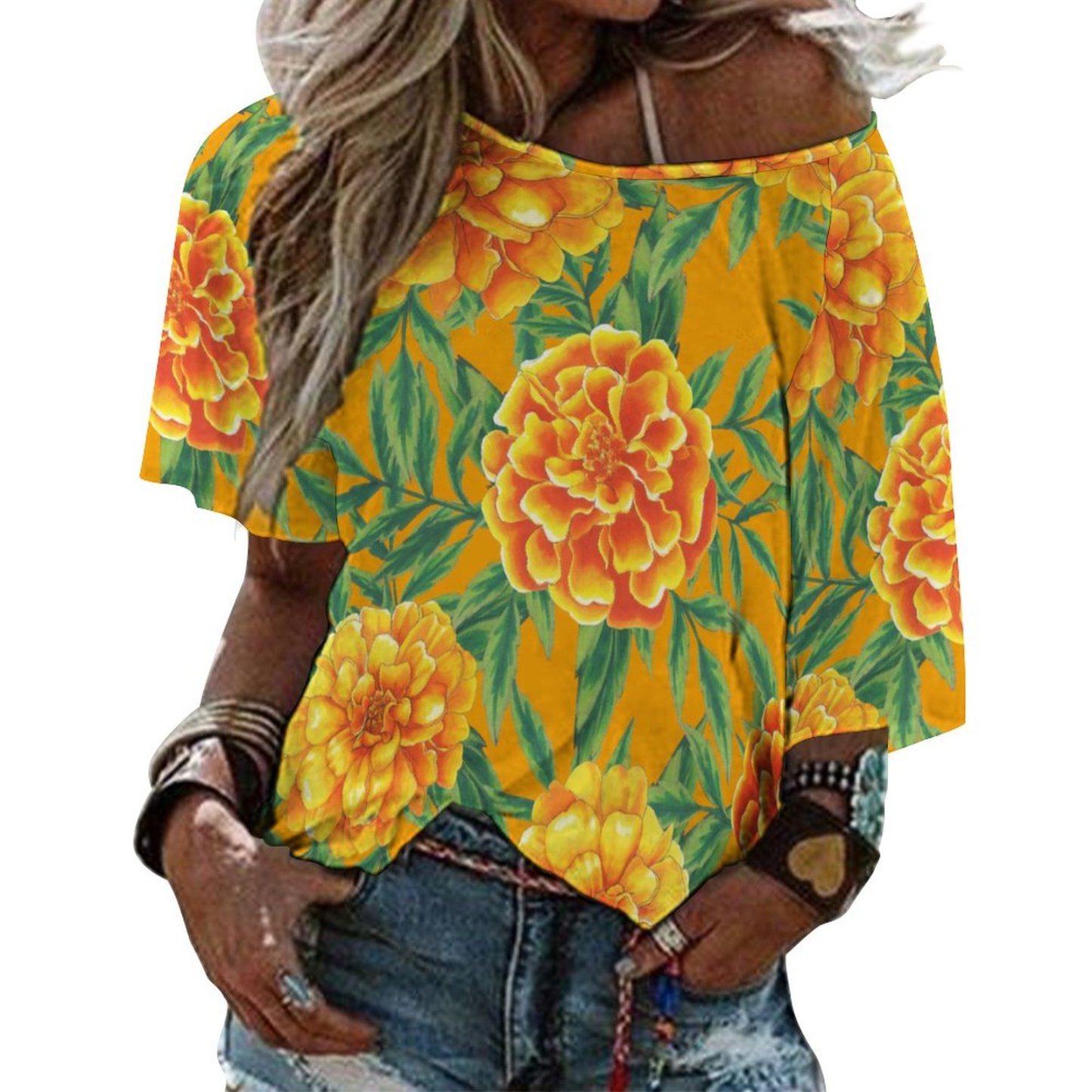 S-5XL Funny Vintage Marigold Flower O Neck Batwing Half Sleeve Shirts Women Loose Blouse Print Tops-Charlylifestyle