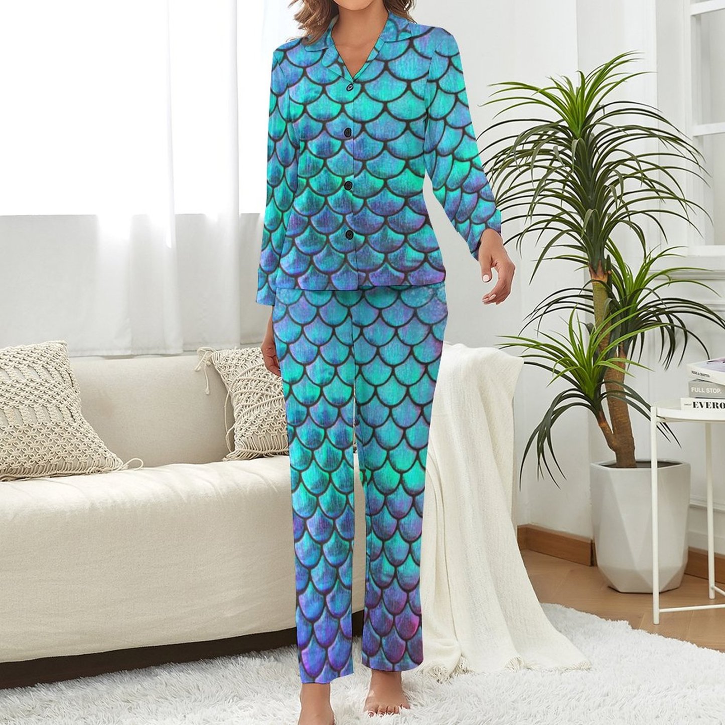 Personalized Mermaid Fish Scale Two Piece Pajamas Custom Women Long Sleeve Sleepwear Button Front Pjs Set