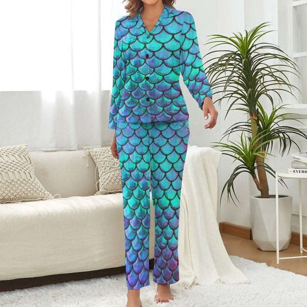 Personalized Mermaid Fish Scale Two Piece Pajamas Custom Women Long Sleeve Sleepwear Button Front Pjs Set