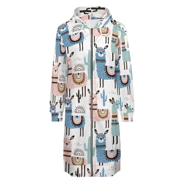 Funny Llama And Cactus Pattern Zip Up Long Hoodie Jacket Coat Women Tunic Sweatshirt Plus Size Open Front Cardigan Outfits