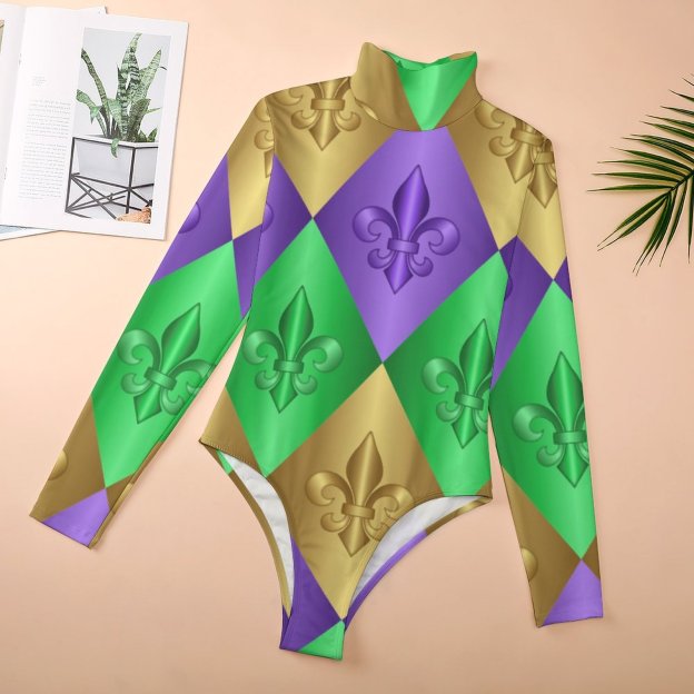 Mardi Gras Harlequin Fleur De Lis Women Mock Turtle Neck Long Sleeve Tops Bodysuit Slim Fit Body Suit Basic T Shirts Jumpsuit
