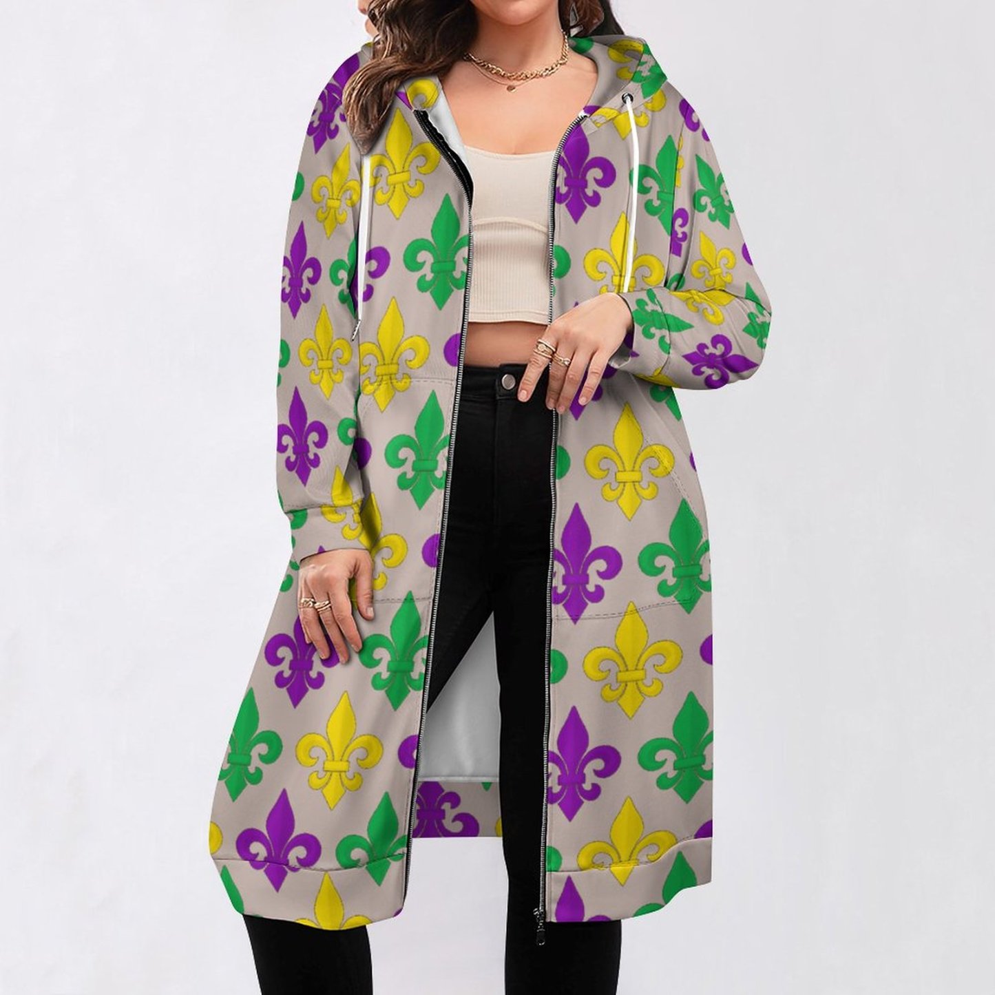 Mardi Gras Green Gold Purple Fleur De Lis Zip Up Long Hoodie Jacket Women Tunic Sweatshirt Plus Size Open Front Cardigan Outfits