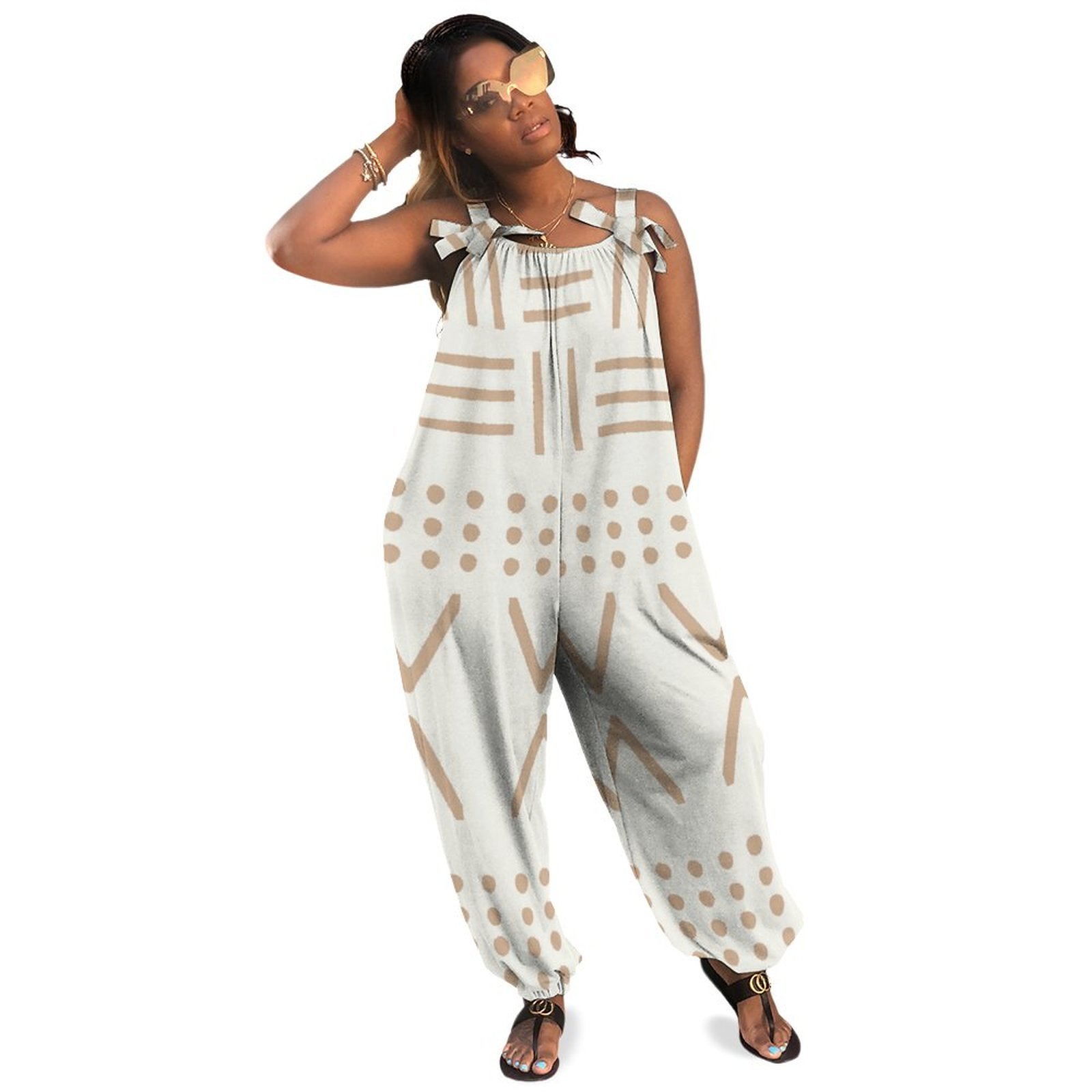 Women Mudcloth Print Loose Fit Baggy Harem Overall Jumpsuit Tie Spaghetti Strap Casual Long Pants Rompers