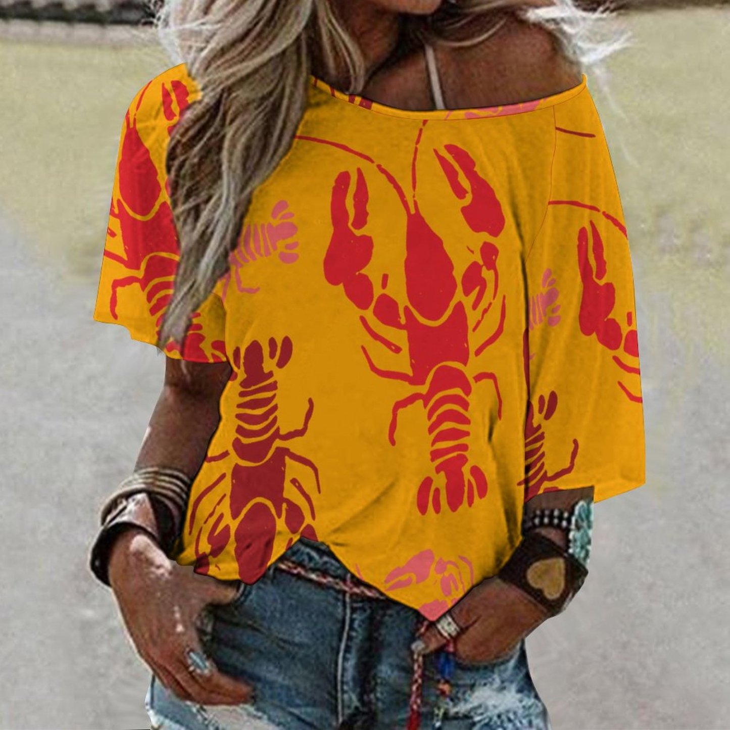 Lobster Bake Or Crawfish Boil Retro 3/4 Bell Sleeve T-Shirt Elbow Length Basic Tunics Tops for Women-Charlylifestyle