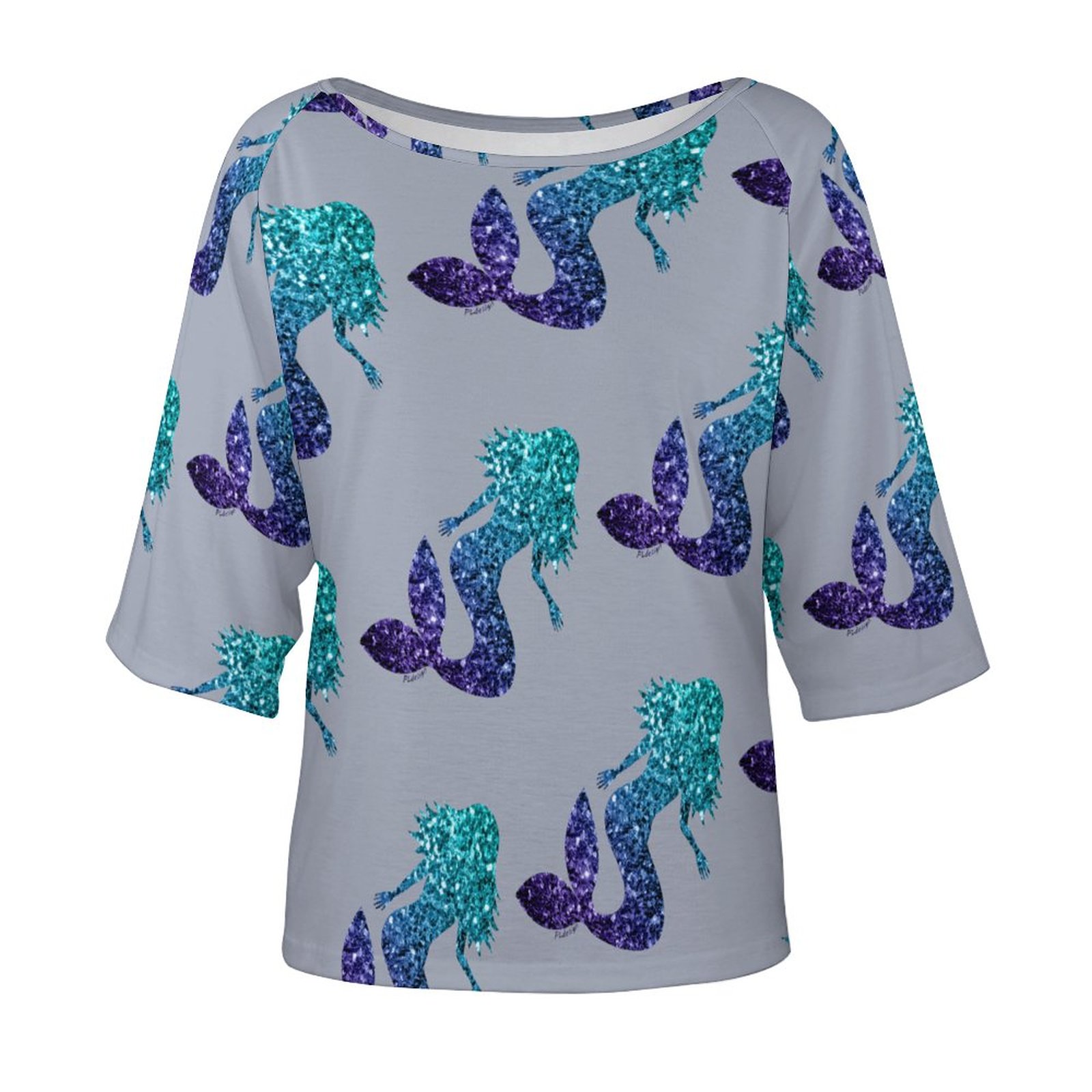 S-5XL Mermaid Aqua Blue Ombre Sparkles O Neck Batwing Half Sleeve Shirts Women Loose Street Blouse Print Tops-Charlylifestyle