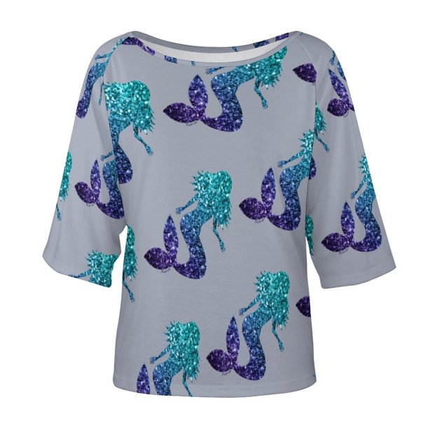 S-5XL Mermaid Aqua Blue Ombre Sparkles O Neck Batwing Half Sleeve Shirts Women Loose Street Blouse Print Tops-Charlylifestyle