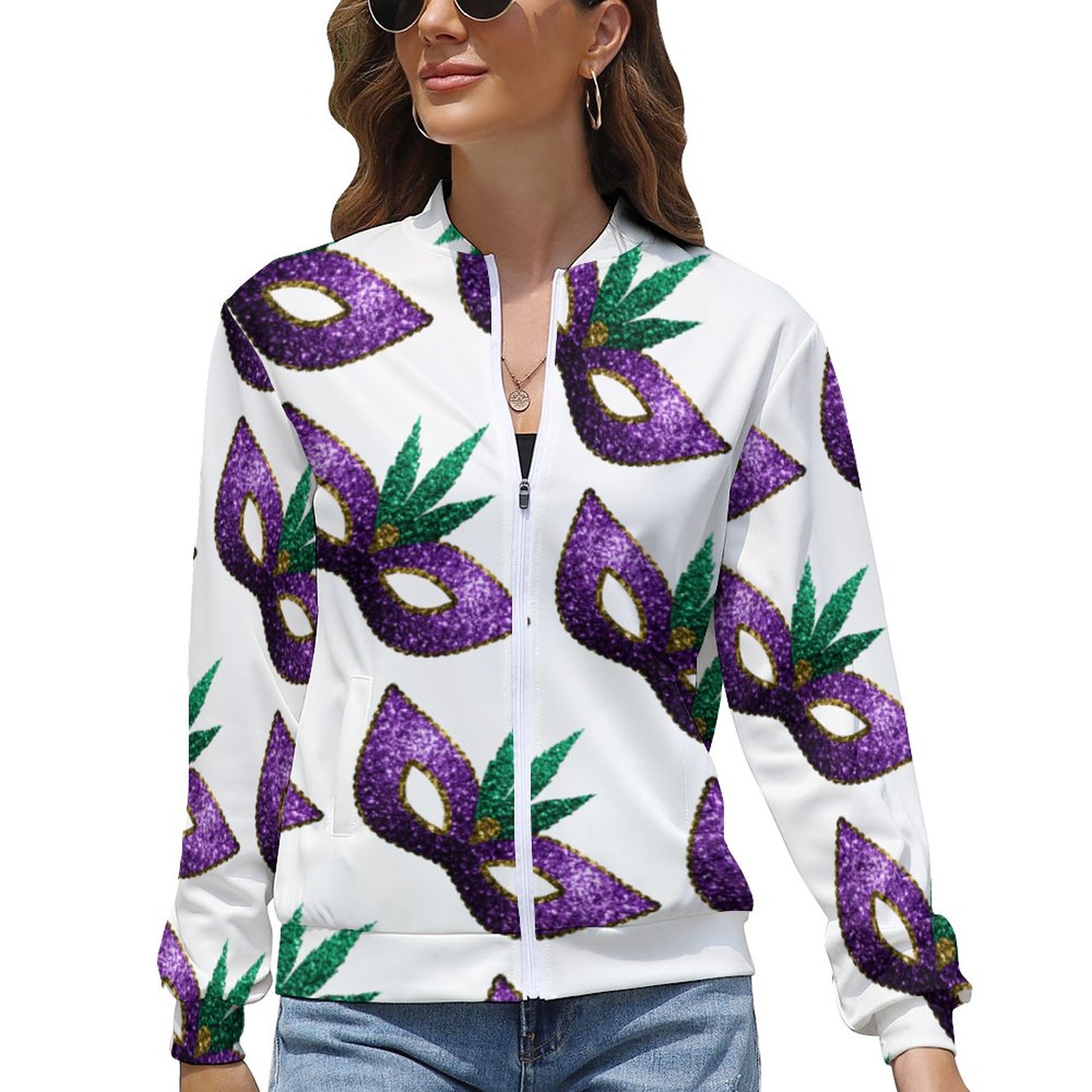 Mardi Gras Mask Purple Green Gold Sparkles Women boyfriend Zip Up Bomber Jacket Long Sleeve Open Front Cardigan Tops
