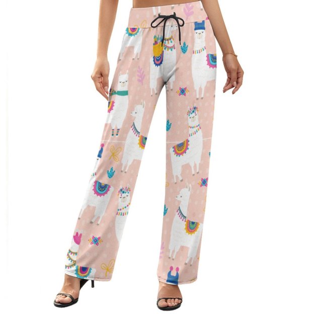 Llama Llama Cute Llama Printed Women's High Waist Wide Leg Long Palazzo Lounge Pants-Charlylifestyle