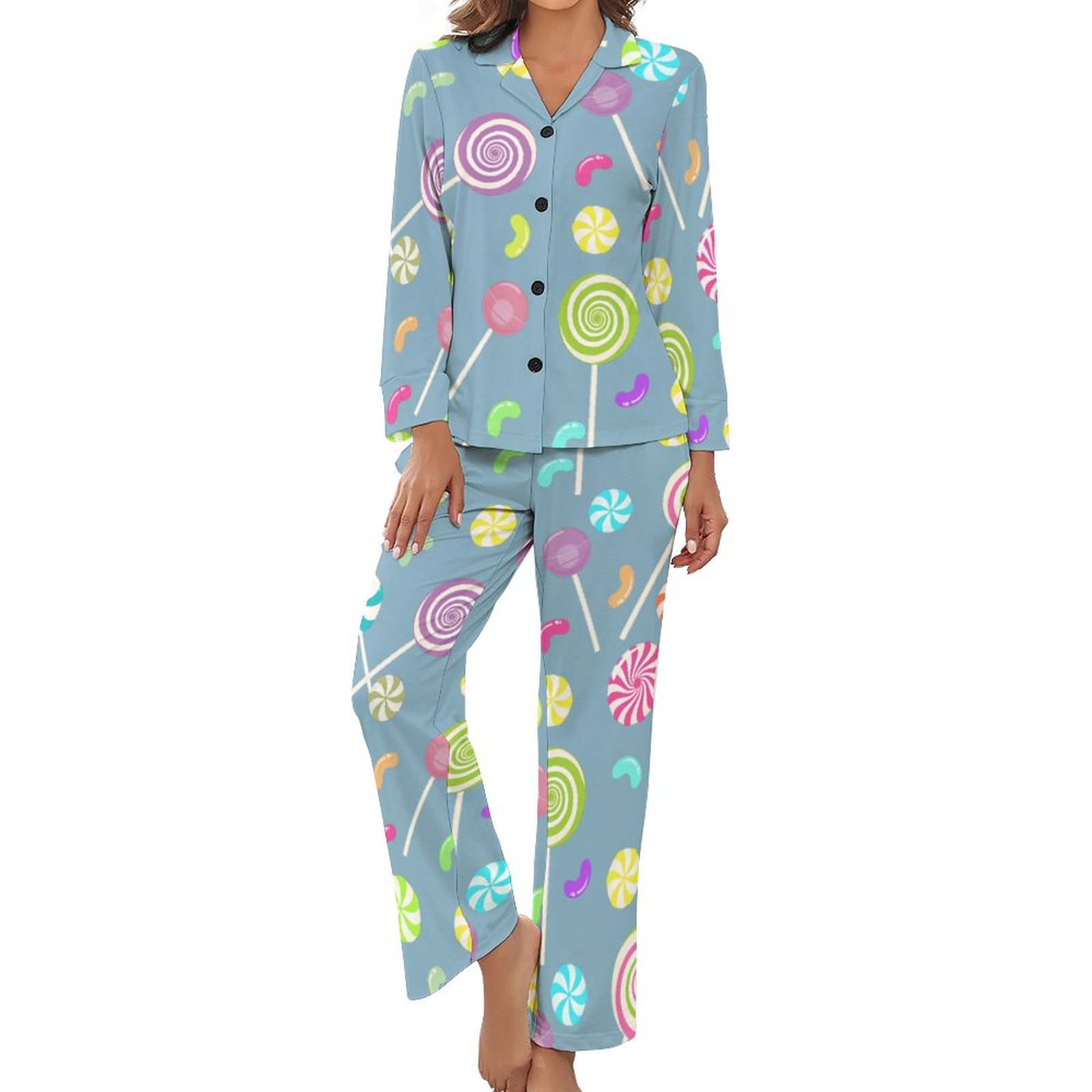 Funny Vintage Lollipop Candy Women Long Sleeve Two Piece Sleepwear Sof