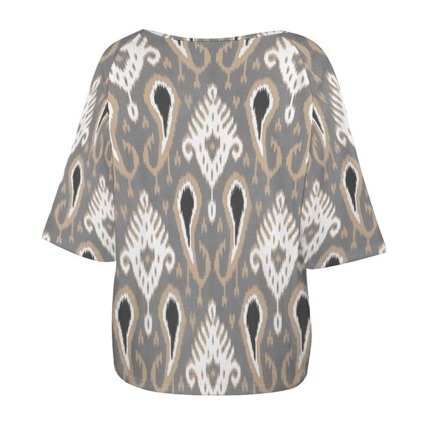 Light Brown Taupe Gray Ikat Tribal Art 3/4 Bell Sleeve T-Shirt Elbow Length Basic Tunics Tops for Women-Charlylifestyle