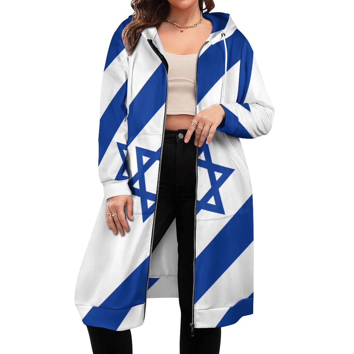 Israelian Flag Of Israel Zip Up Long Hoodie Jacket Coat Women Tunic Sweatshirt Loose Plus Size Open Front Cardigan Outfits