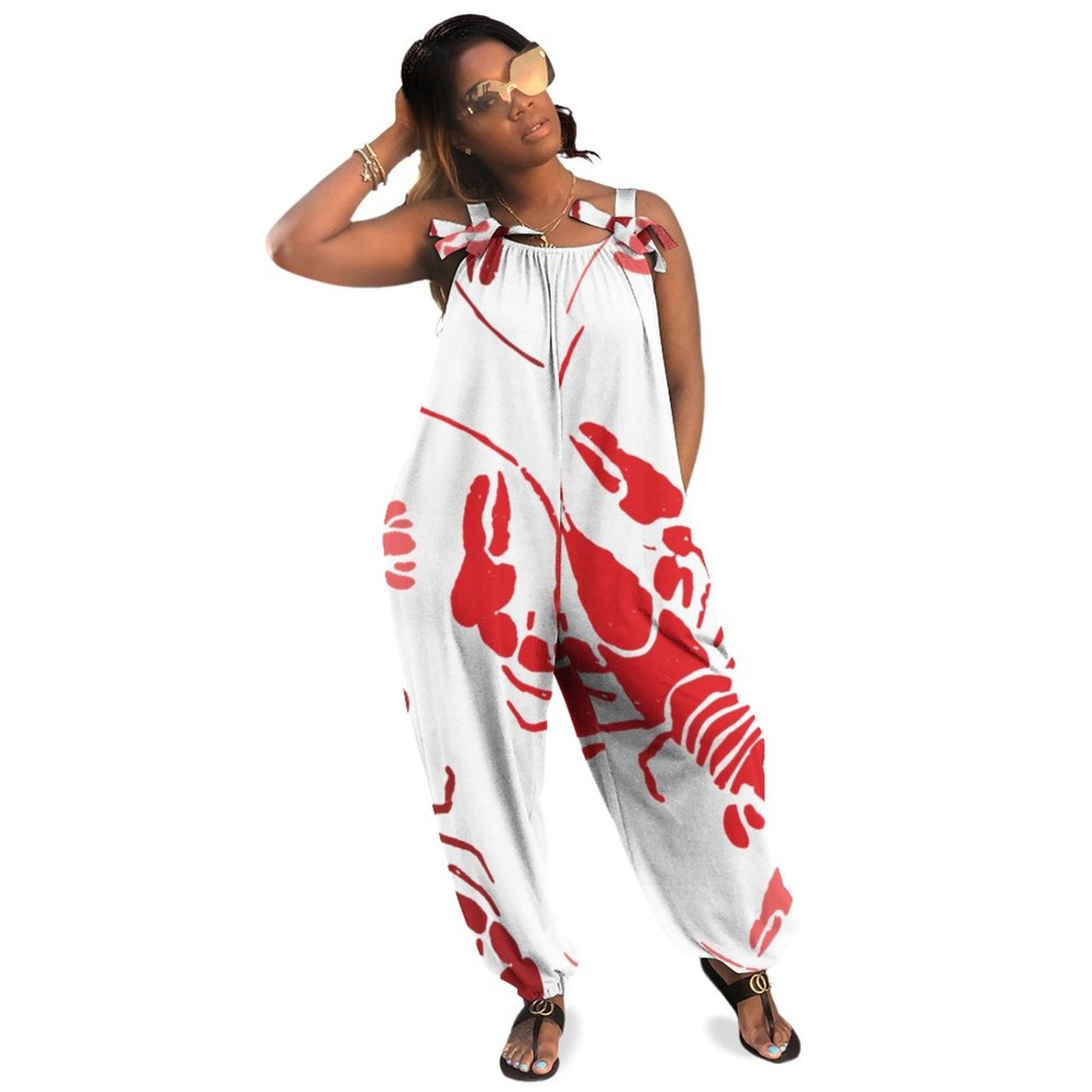 Women Lobster Bake Or Crawfish Boil Retro Print Loose Fit Baggy Harem Overall Jumpsuit Tie Spaghetti Strap Long Pants Rompers