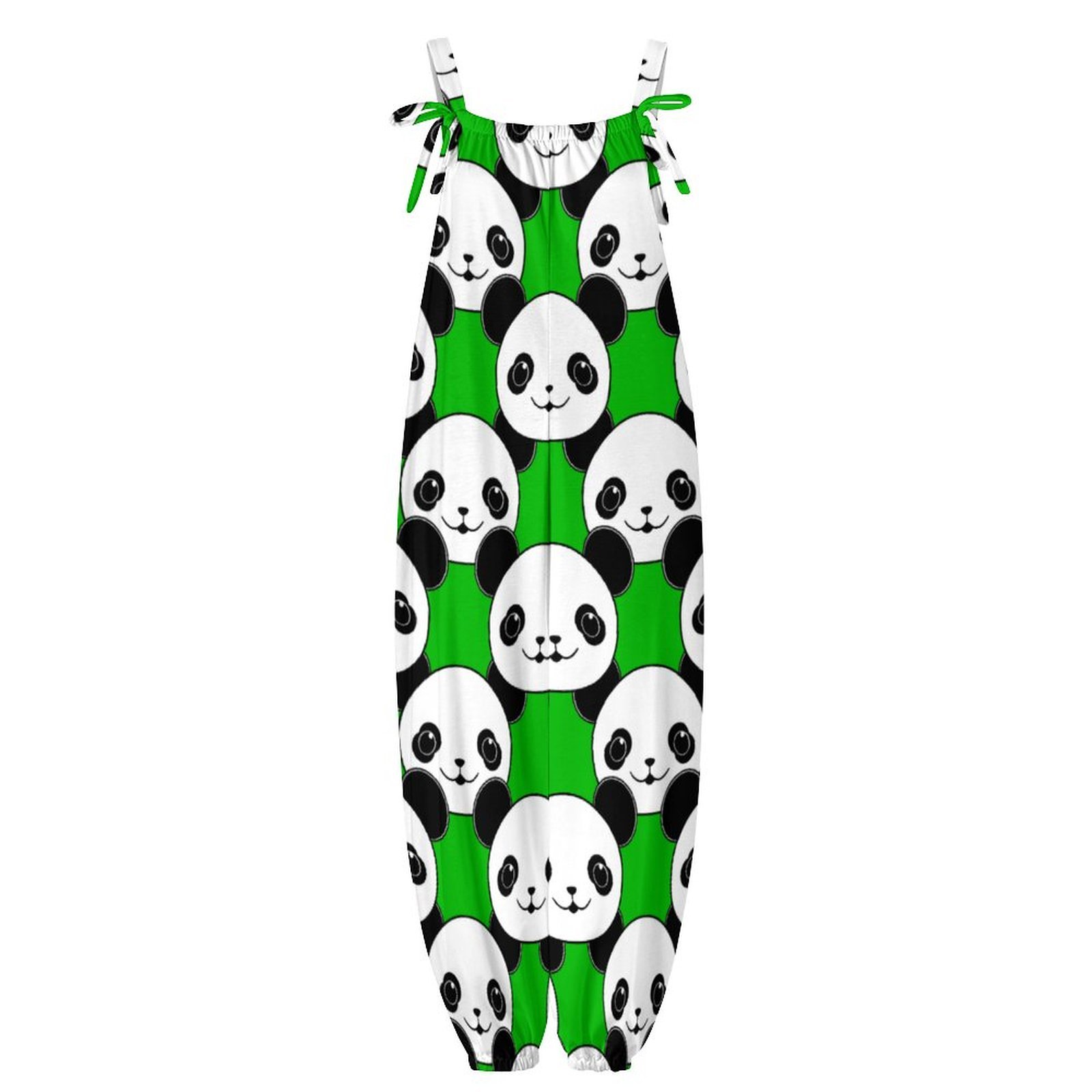 Women Kawaii Panda Bear Print Loose Fit Baggy Harem Overall Jumpsuit Tie Spaghetti Strap Casual Long Pants Rompers