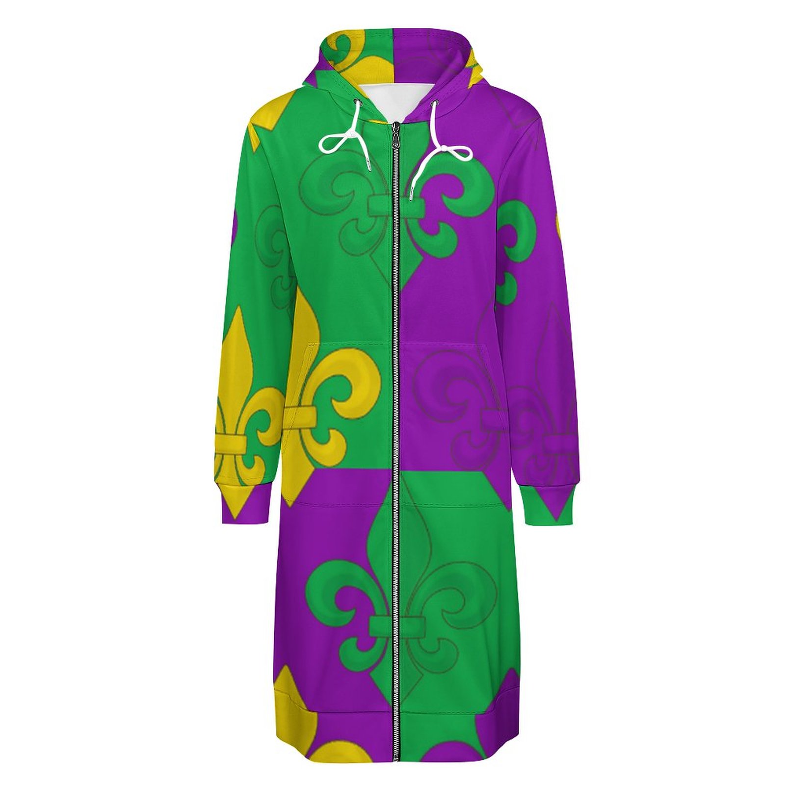 Mardi Gras French Fleur De Lis Zip Up Long Hoodie Jacket Coat Women Tunic Sweatshirt Plus Size Open Front Cardigan Outfits