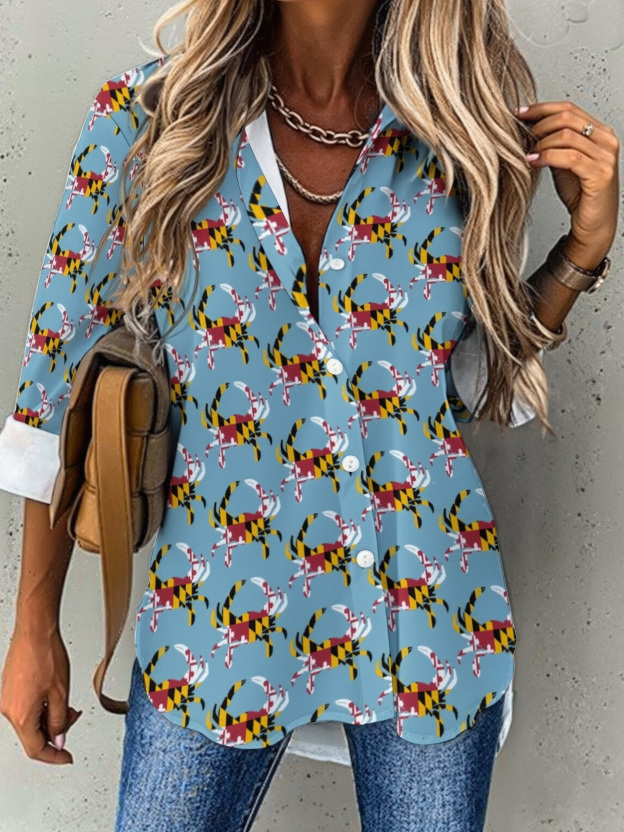 Maryland Flag Blue Crab Button Down V Neck Shirts Long Sleeve Blouse Roll Up Cuffed Sleeve Casual Shirt Tops