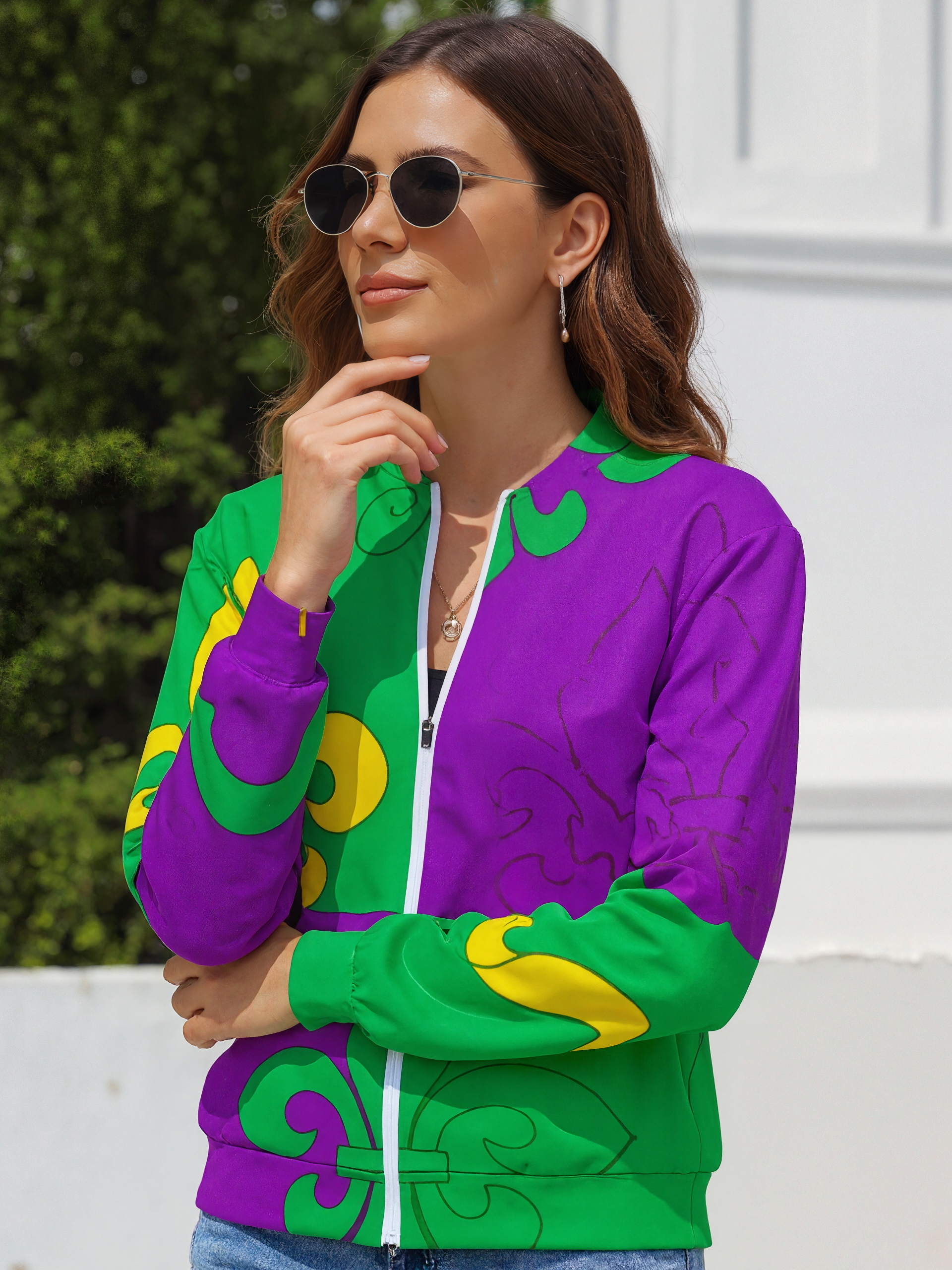 Women Zipper Front Mardi Gras French Fleur De Lis Print Long Sleeve Jackets Baseball Collar Casual Work Office Blazer