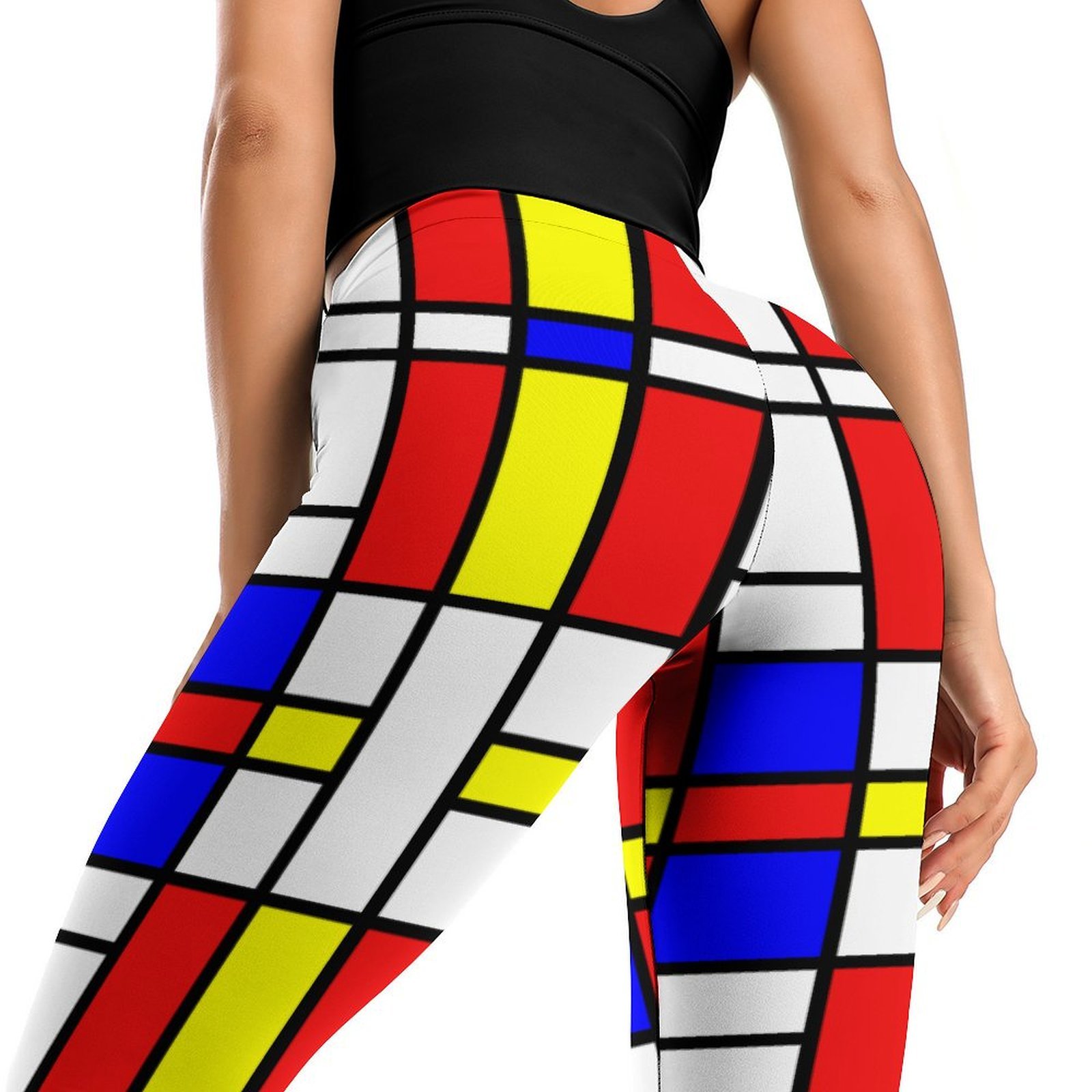Initials Piet Mondrian Style Modern Art Printed Womens High Waist Workout Leggings Thin Fit Gym Yoga Pants
