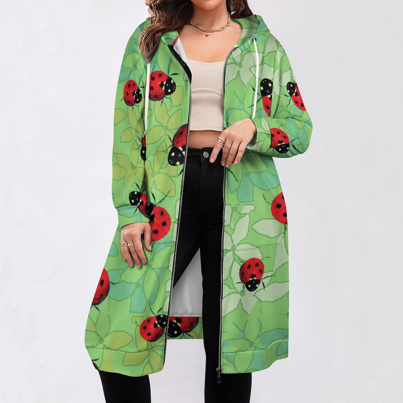 Ladybug Petals Green Zip Up Long Hoodie Jacket Coat Women Tunic Sweatshirt Loose Plus Size Open Front Cardigan Outfits