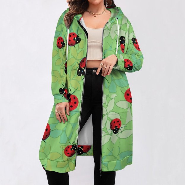 Ladybug Petals Green Zip Up Long Hoodie Jacket Coat Women Tunic Sweatshirt Loose Plus Size Open Front Cardigan Outfits