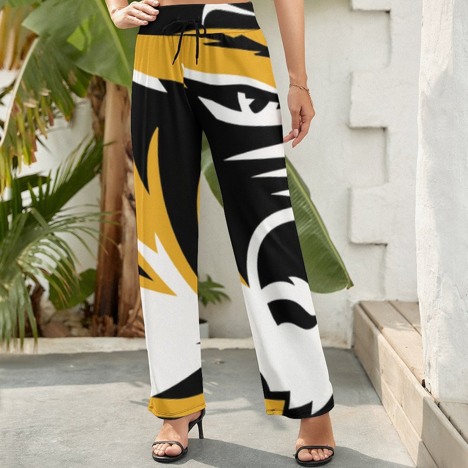Summer Fall Mizzou Tiger Stripe Printed Women's High Waist Wide Leg Long Palazzo Lounge Pants-Charlylifestyle