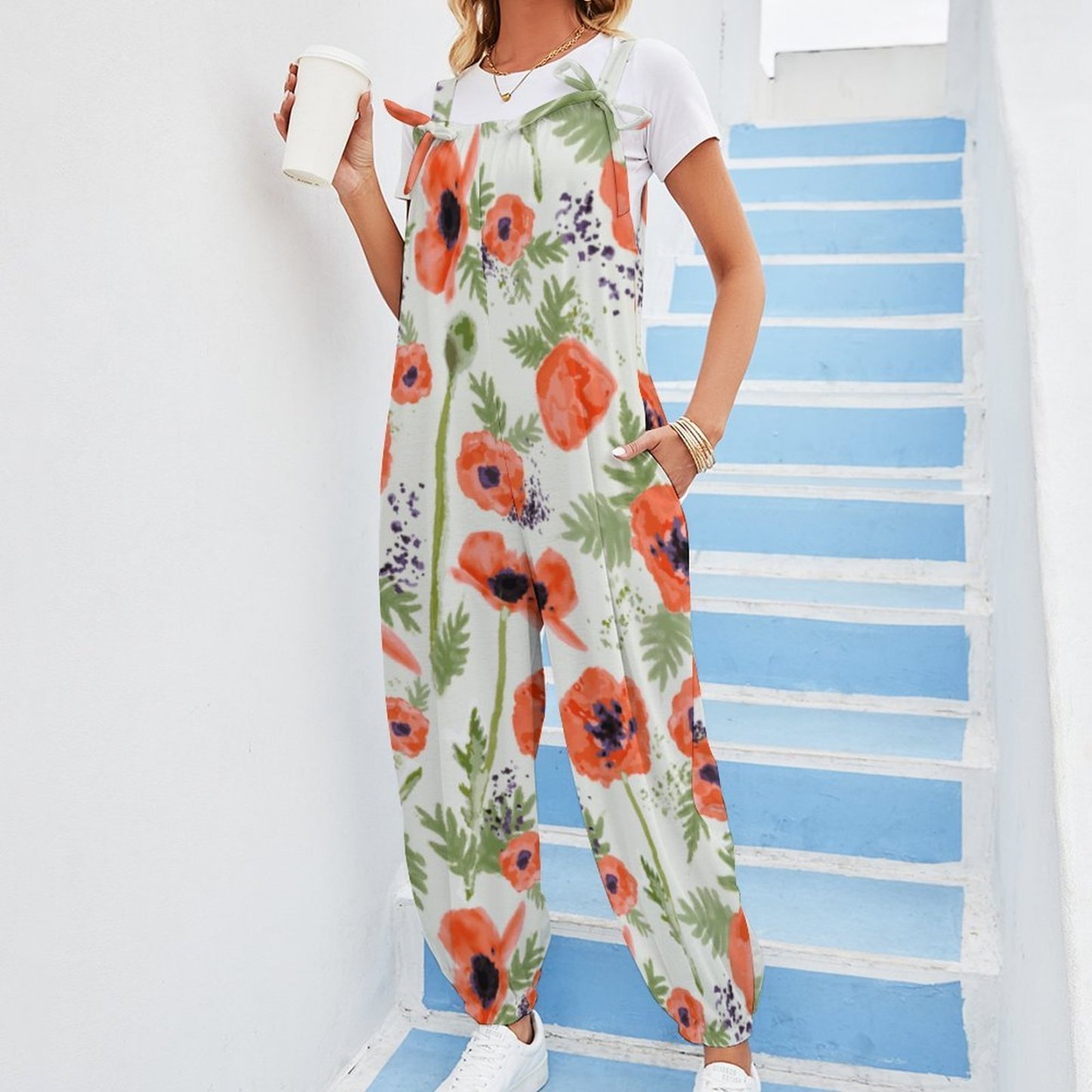Women Orange Red Poppy Flowers Watercolor Print Loose Fit Baggy Harem Overall Jumpsuit Tie Spaghetti Strap Long Pants Rompers