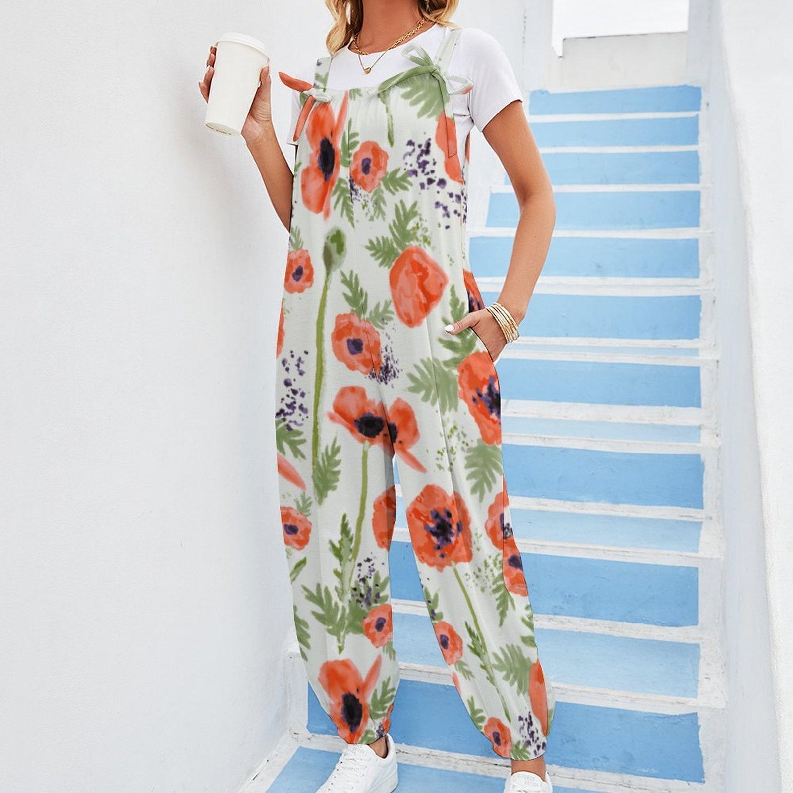 Women Orange Red Poppy Flowers Watercolor Print Loose Fit Baggy Harem Overall Jumpsuit Tie Spaghetti Strap Long Pants Rompers