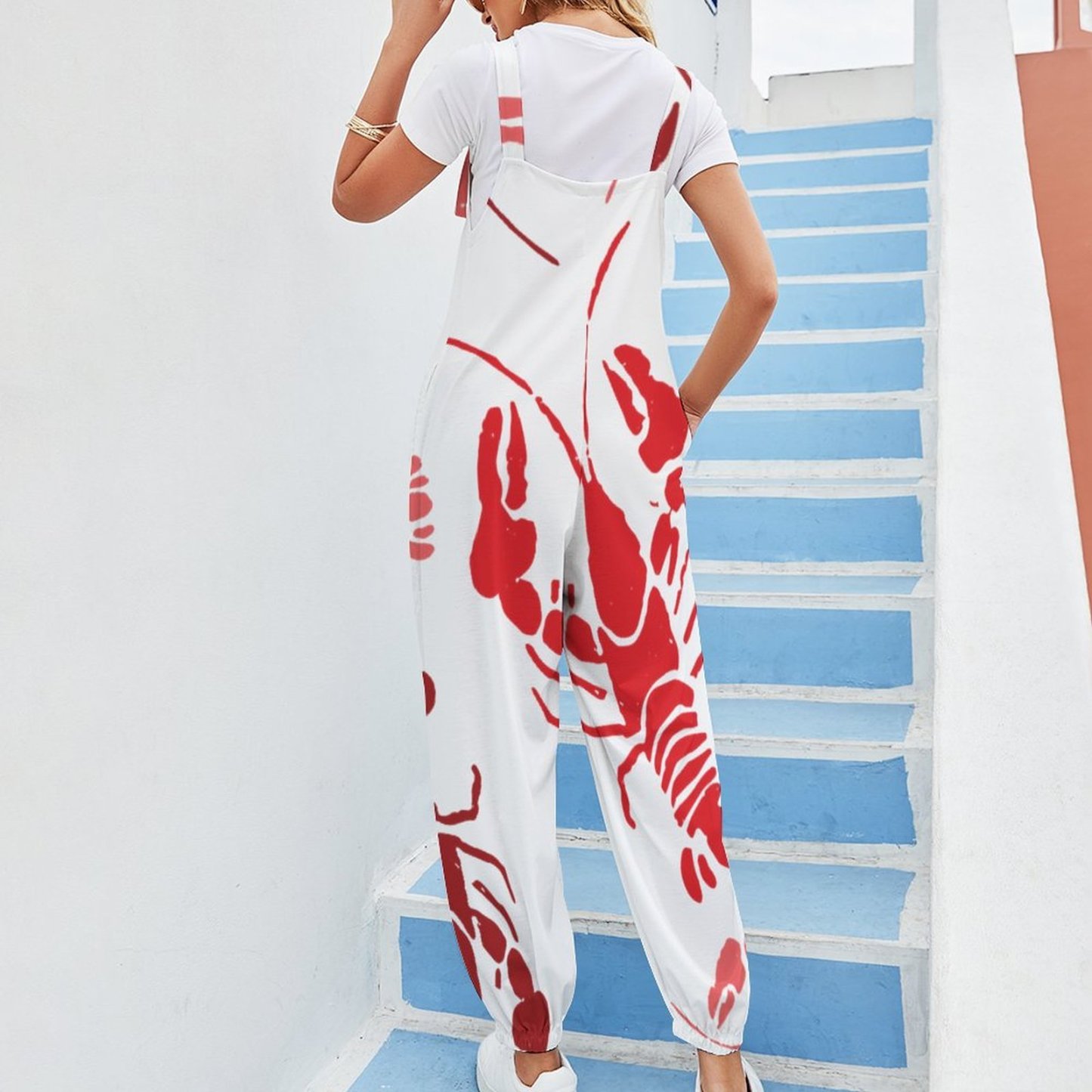 Women Lobster Bake Or Crawfish Boil Retro Print Loose Fit Baggy Harem Overall Jumpsuit Tie Spaghetti Strap Long Pants Rompers