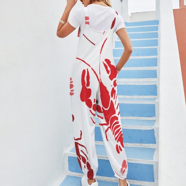 Women Lobster Bake Or Crawfish Boil Retro Print Loose Fit Baggy Harem Overall Jumpsuit Tie Spaghetti Strap Long Pants Rompers