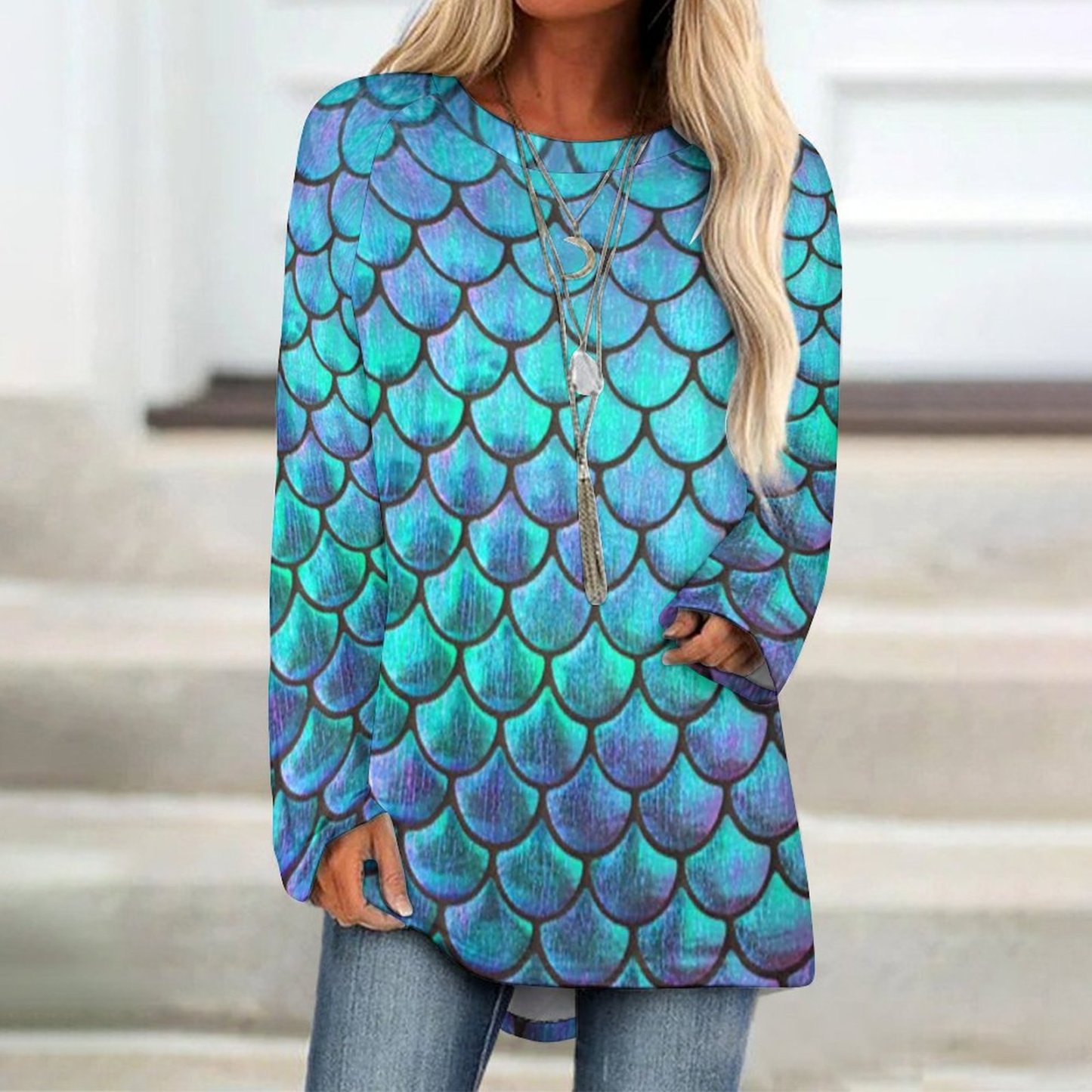 Personalized Mermaid Fish Scale Long Sleeve T-Shirt Women Raglan Sleeve Pullover Sweatshirts Plus Size Tops