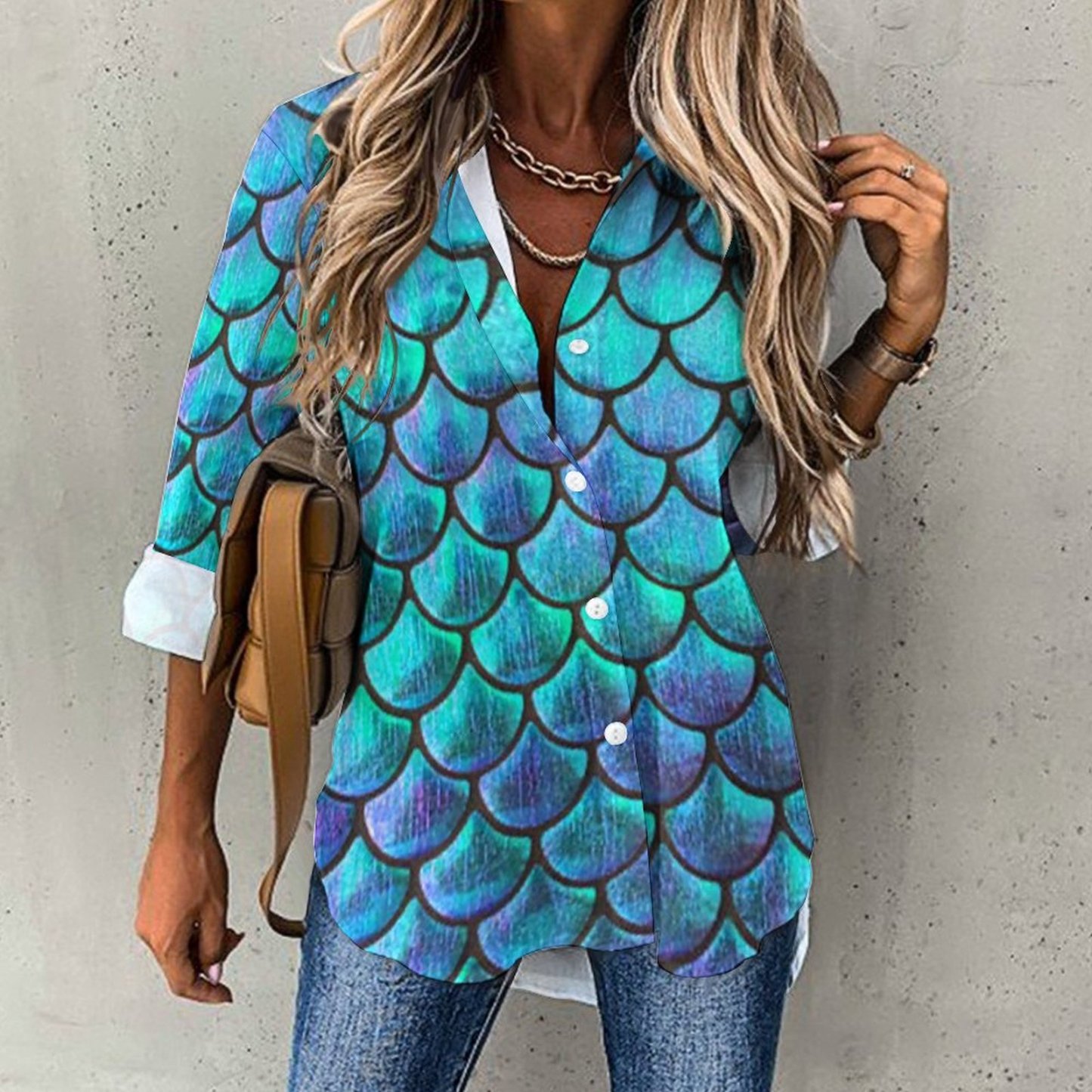 Personalized Mermaid Fish Scale Button Down Shirts- Custom Women Long
