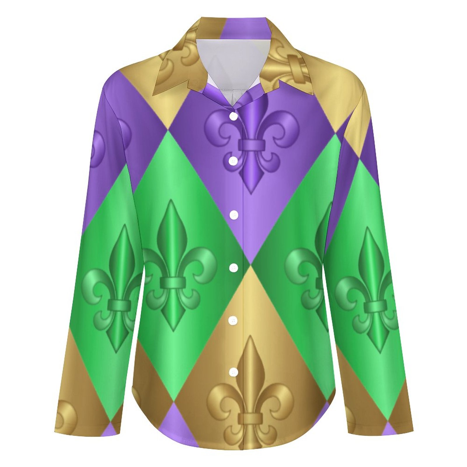 Mardi Gras Harlequin Fleur De Lis Button Down V Neck Shirts Long Sleeve Blouse Roll Up Cuffed Sleeve Casual Shirt Tops