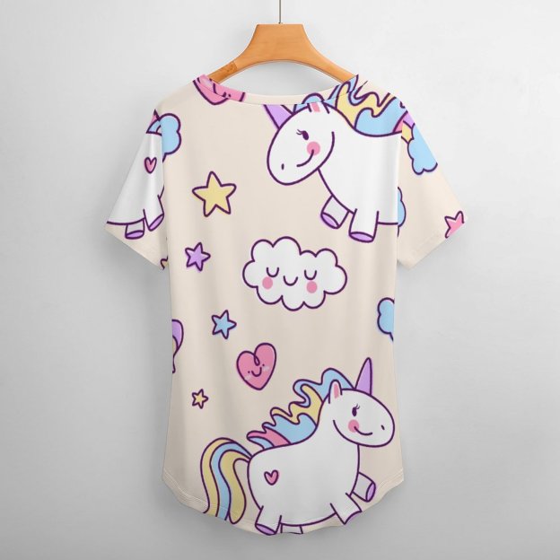Kawaii Chubby Flying Unicorns Rainbow Womens Summer Full Print Short Sleeve Loose Hippie Tunic Tops - Personalized Unicorns T-shirt
