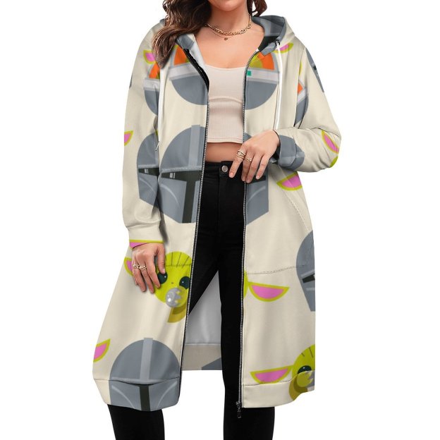 Mandalorian And The Child Cute Expression Zip Up Long Hoodie Jacket Women Tunic Sweatshirt Plus Size Open Front Cardigan Outfits
