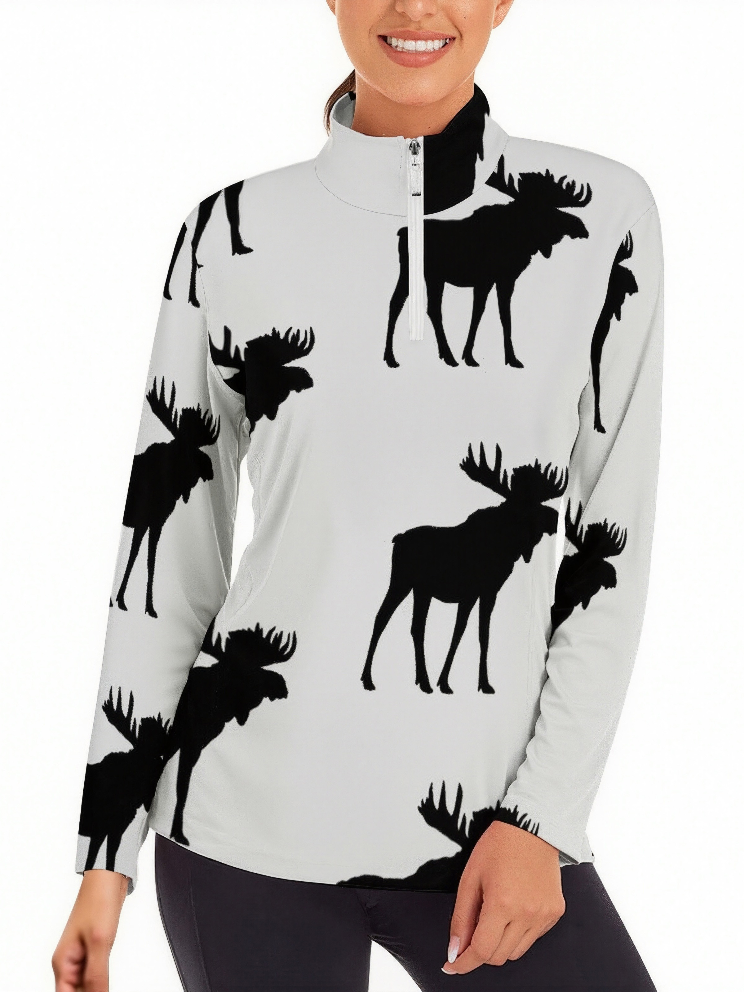 Funny Vintage Moose Silhouette Quarter Zip Sports Tee Pullover Gym Shirts Women Lightweight Yoga Sportwear Tops
