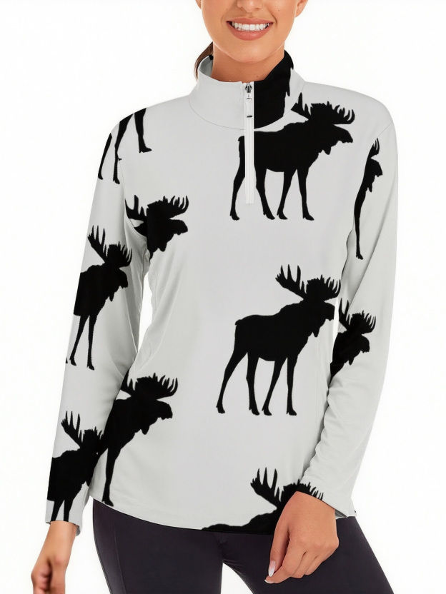 Funny Vintage Moose Silhouette Quarter Zip Sports Tee Pullover Gym Shirts Women Lightweight Yoga Sportwear Tops